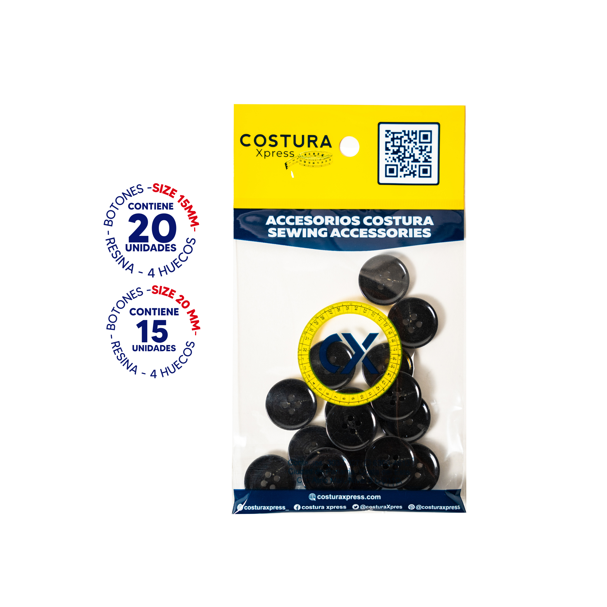 Juego de Botones de resina black 15mm (20 unid) / 20mm (15 unid)