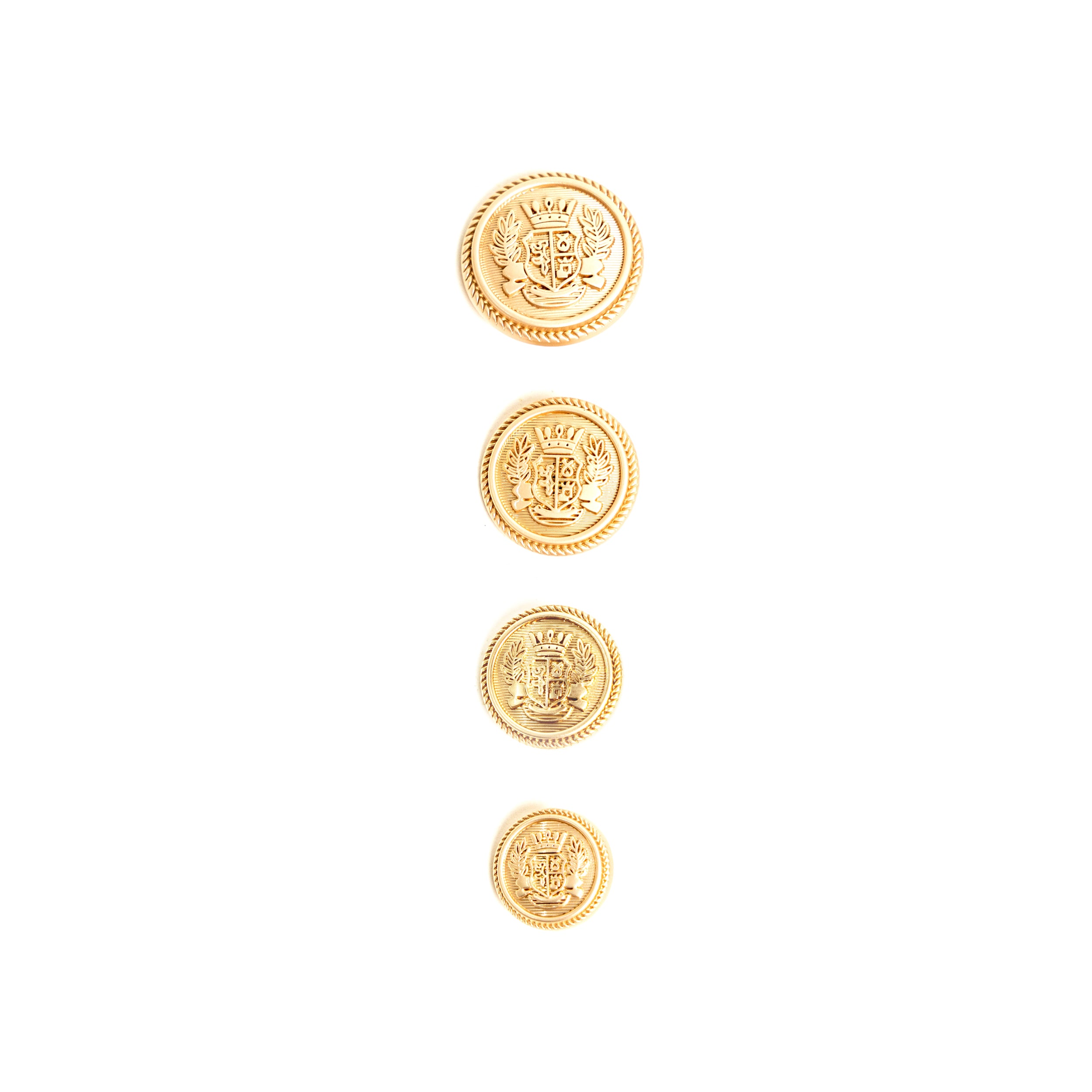 Juego de Botones escudo dorado matte gold tamaños 15mm (10 unid) / 18mm (10 unid) / 20mm (5 unid) / 23mm (5 unid)