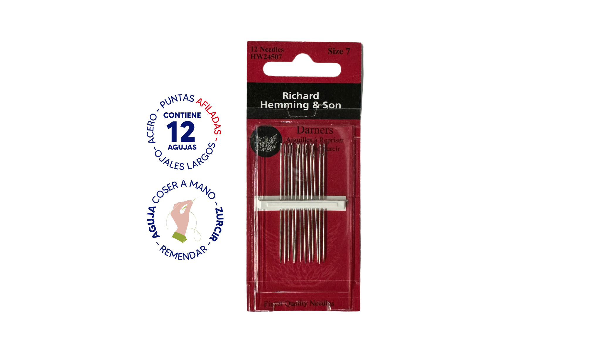 Agujas de coser a mano de ojo grande para zurcir dobladillos - Tamaño 7 - Paquete de 12