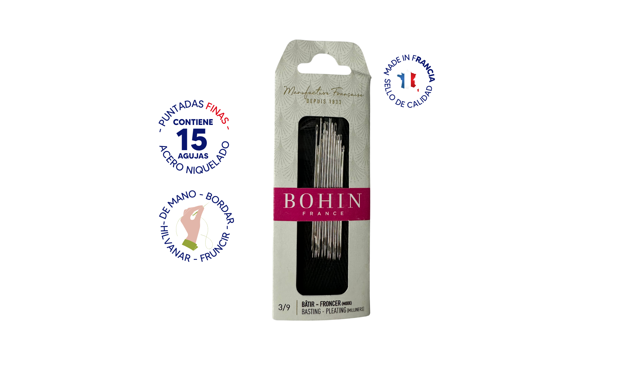 Agujas de mano Bohin Straw Milliners - Tamaños 3 y 9 - Paquete de 15